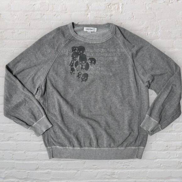 CALVIN KLEIN Skull Quote Evening Shadow With Thee I Go 100% Cotton Gray Sweater - Picture 2 of 5